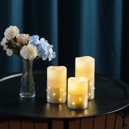 H-BLOSSOM Flickering Flameless Candles Ivory Real Wax Pillar with Embedded String Lights LED Candles Battery Operated with 10 Key Remote and Cycling 5H Timer Set of 3 (3" x 4"/5"/6") (Silver)