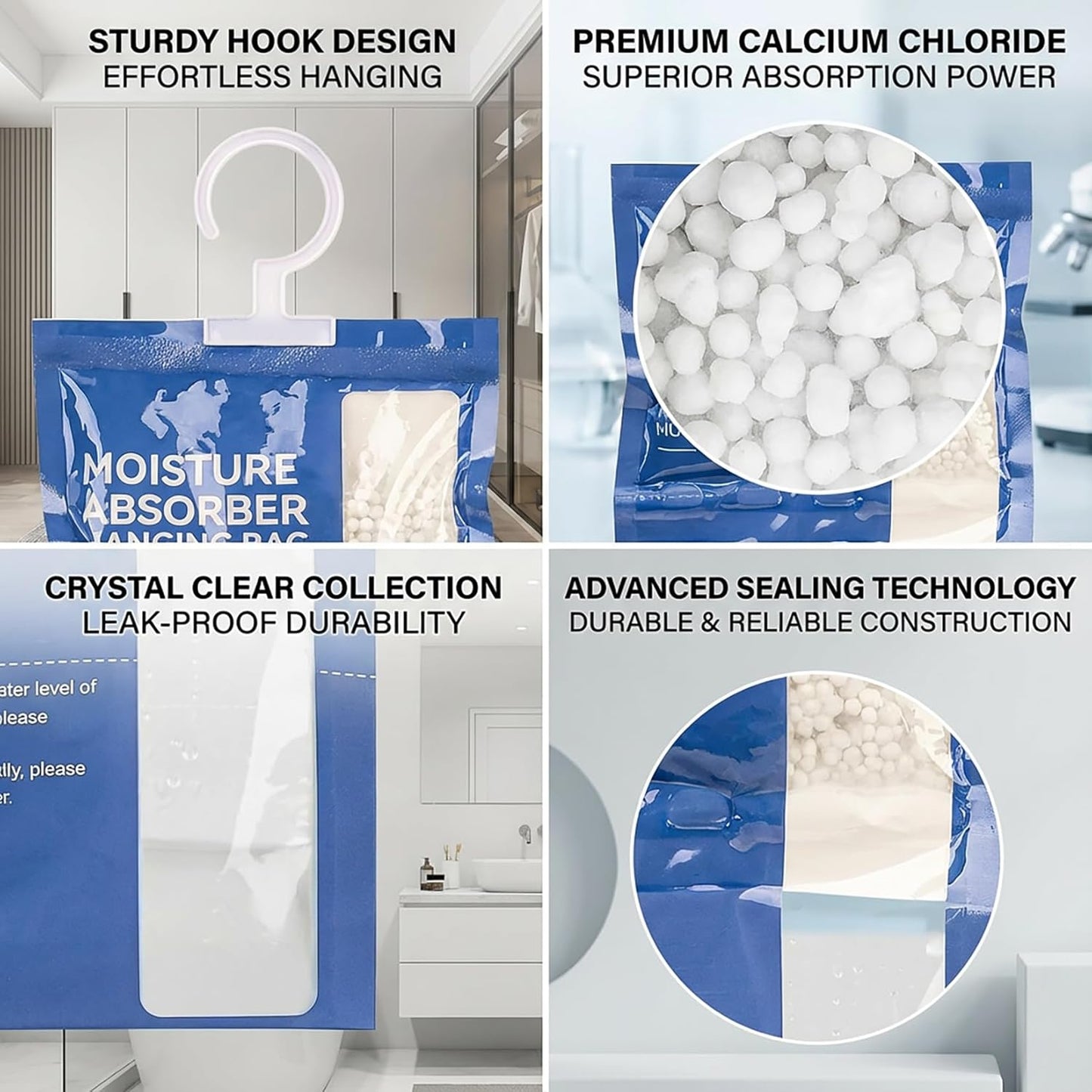 RAINFLOW Dehumidifier Bags Hanging Moisture Absorbers - 4 Packs Dehumidifiers for Home Closet Bathroom Basement, Hanging Bag Desiccant Packs for Bedroom RV Camper, Odor Absorber Household Essentials