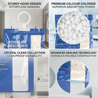 RAINFLOW Dehumidifier Bags Hanging Moisture Absorbers - 4 Packs Dehumidifiers for Home Closet Bathroom Basement, Hanging Bag Desiccant Packs for Bedroom RV Camper, Odor Absorber Household Essentials
