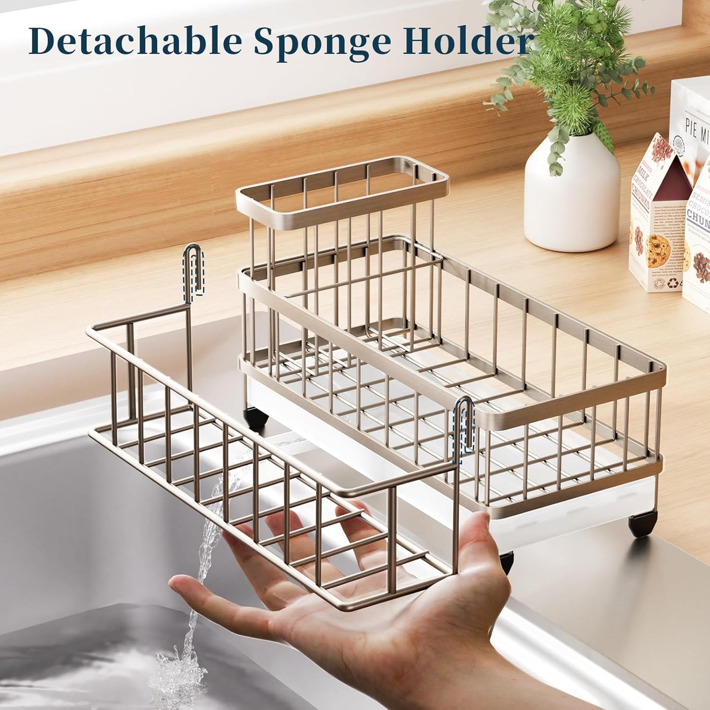 Consumest Sponge Holder for Kitchen Sink - Auto Draining Sink Caddy Organizer with Detachable Rack, High Brush Holder, Kitchen Countertop Storage Accessories, Black