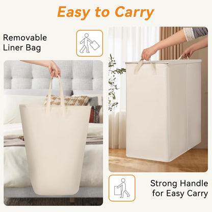Chrislley 140L Laundry Hamper 2 Section, Double Laundry Basket with Lid, Large Dirty Clothes Hamper with Removable Liner Bags, Collapsible Laundry Organizer for Bedroom, Dorm,Beige