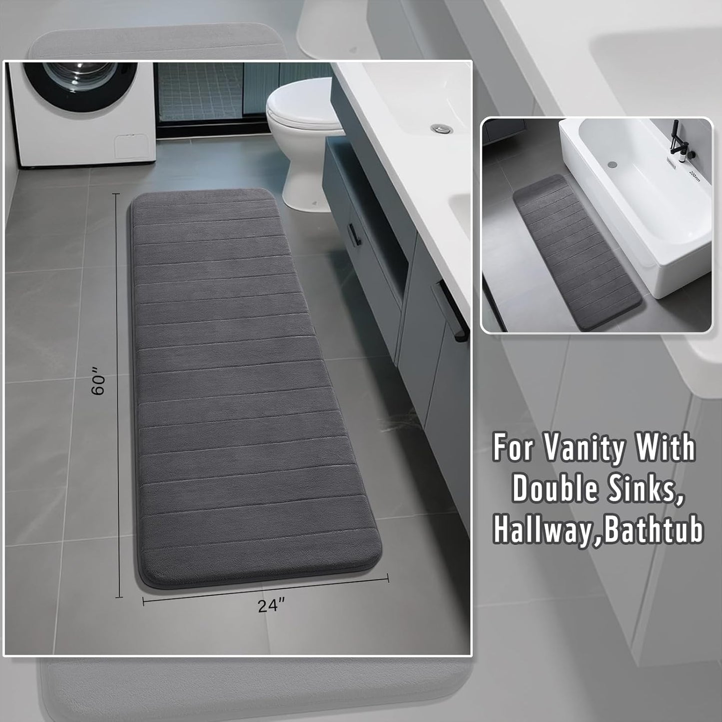 Yimobra Memory Foam Bath Mat, Super Soft Absorbent Bathroom Rug Non Slip, Quick Dry, Machine Washable Floor Carpet for Tub Shower, Home Decor Accessories, 24x17, Grey