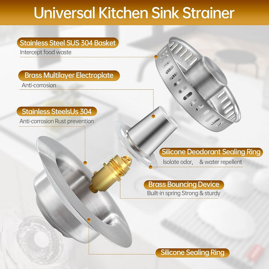 YYKBZ 3 in 1 Kitchen Sink Drain Strainer， Stainless Steel Pop Up Sink Stopper， Plug for Sink Drain Strainer with Anti-Clogging Basket for Us Standard 3-1/2"Drain Easy to Install （1pcs）