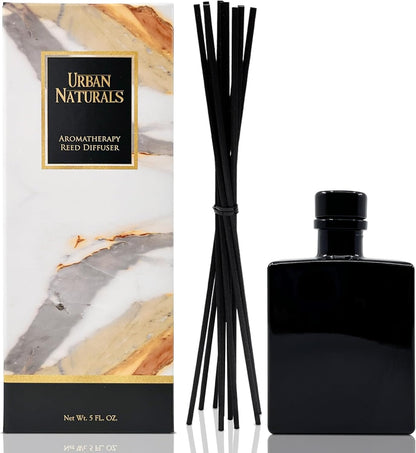 Urban Naturals Smoked Vanilla Reed Diffuser Set with Vanilla Bean, Sandalwood & Leather – 5 Ounce Sleek Black Rectangular Refillable Glass Bottle – Made in the USA