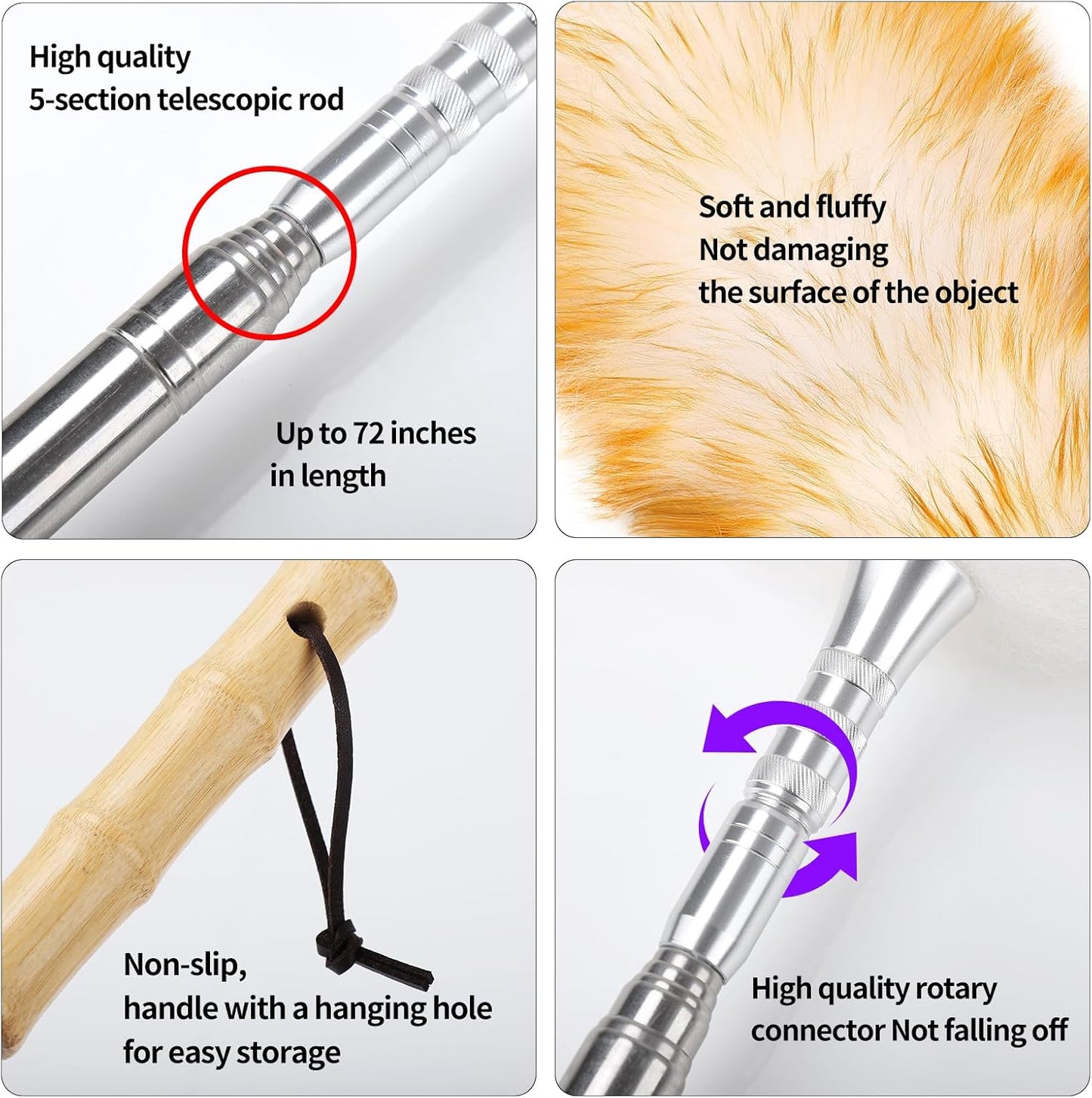 Extendable Lambswool Duster 29-110 Inch,Anti-Static Flexible Head, Stainless Steel Pole for Cleaning High Ceiling,Fan,Furniture,Roof Dusting