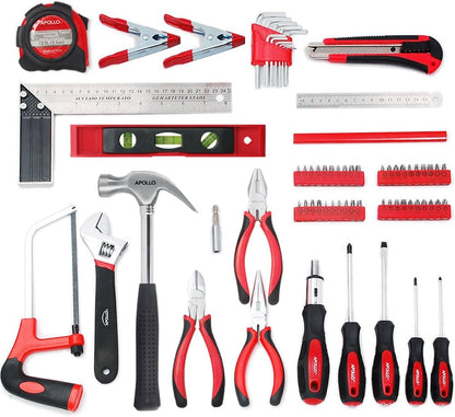 Apollo Tools 71 Piece Complete Household Tool Set with Clamp, Hacksaw, Carpenter Square, Screwdriver and Plier Sets for College, Home Repairs and DIY - Red - DT0204