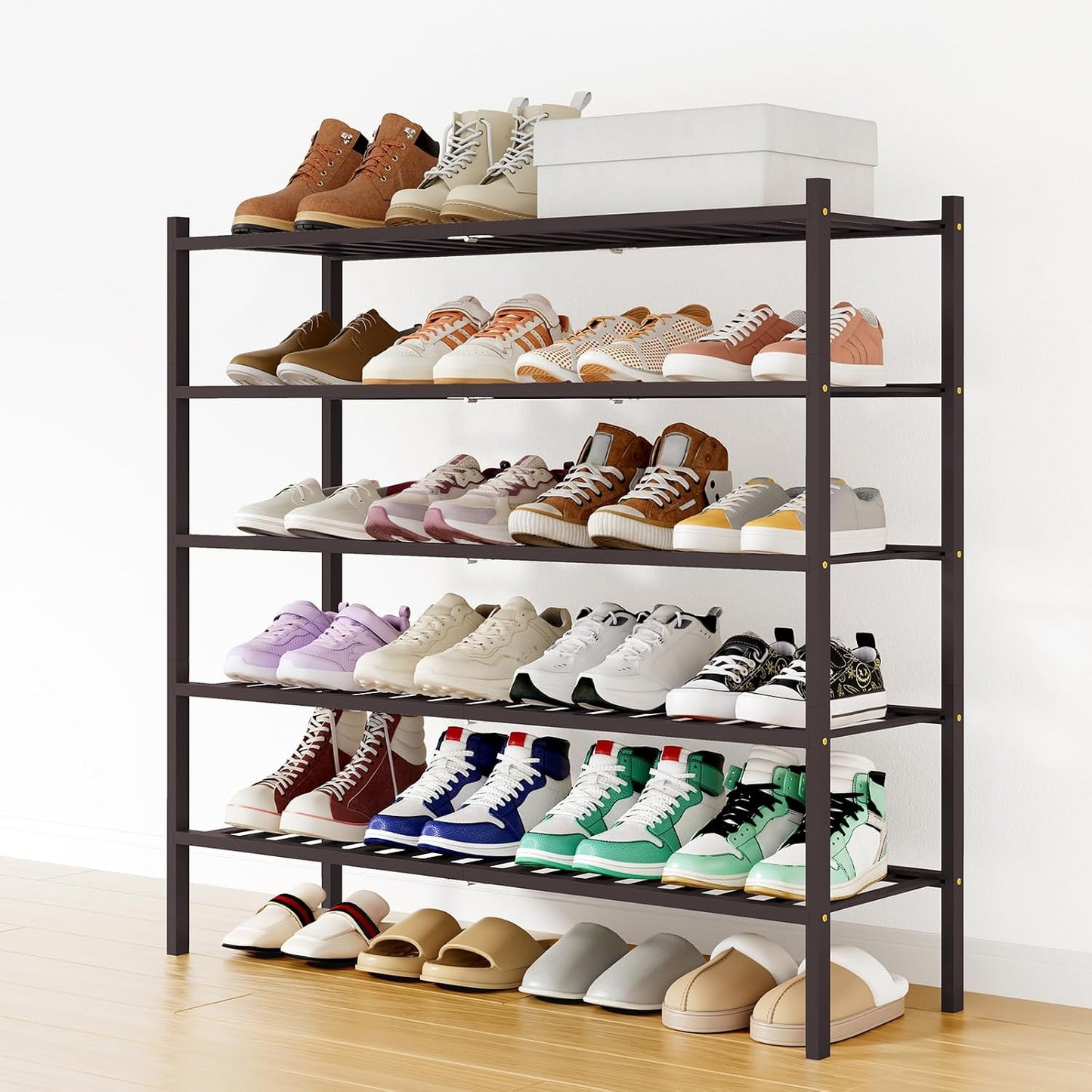 Smiry Bamboo Shoe Rack, 3 Tier Free Standing Wooden Shoe Organizer, Stackable Wood Shoe Storage Shelf for Closet, Entryway, 12 Vertical Slats, 2+1 Stack Standard Legs, 26.8"x11"x19.5", Natural