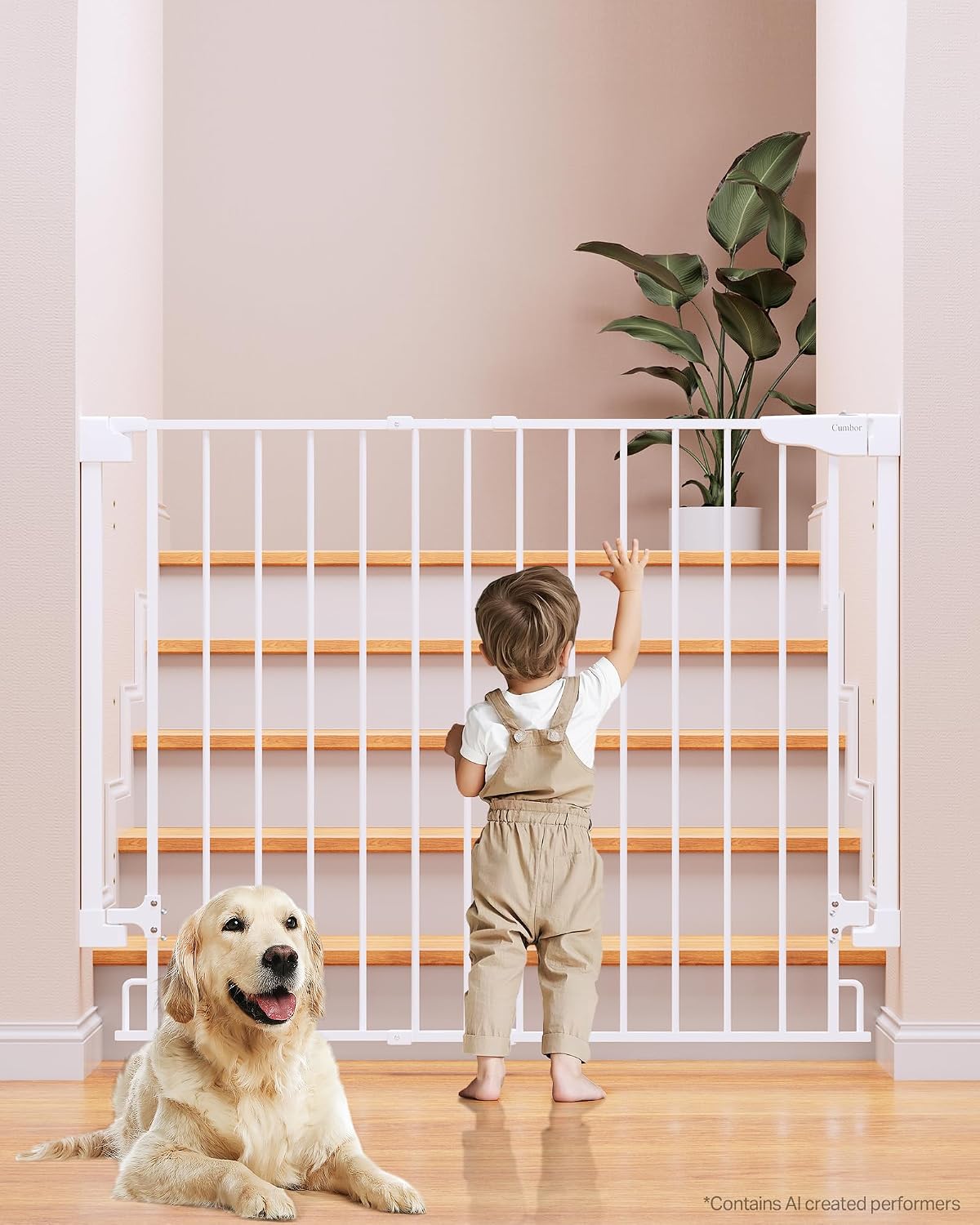 Cumbor 29.2–43" Baby Gate for Stairs, Hardware Mounted (Drill Required), Expandable No Bottom Bar Dog Gate, Auto Close Extra Wide Walk Thru, Pet & Toddler Proof Gate, Top & Bottom of Stairways (White)