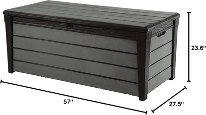 Keter Outdoor Storage Deck Box, for Patio, Backyard & Garden, Brushwood, 120 Gal, Brown - Lockable, Organizing, and Waterproof Plastic Container Bench