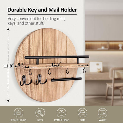 Nekon Key Holder Wall Mount, 11.8 Inch Rack With Shelf and 6 Hooks, Rustic Mail Organizer, Circular Wooden Hanger for Entryway Hallway Kitchen (Brown&Gold)