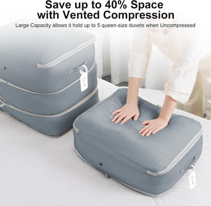 Comforter Storage Bag - Large Capacity Blanket Storage Bags 3-Layer Ultra Space Saving Self Compression Organizer, Washable Compression Bags for Storage Comforter Blanket, 2-Pack, Beige