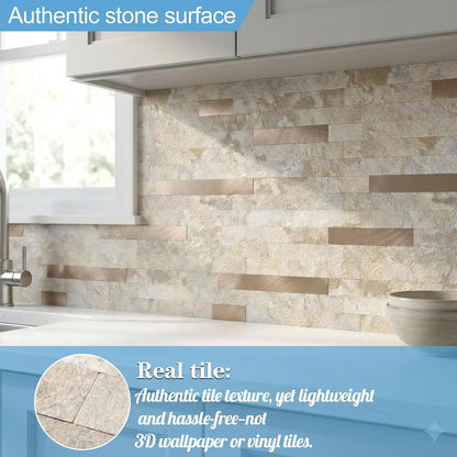 Yipscazo 2026 New Upgrade 11.34" X 11.57" Peel and Stick Backsplash, Stick on Backsplash Tiles for Kitchen, Bathroom, Fireplace (10 Sheets, Beige Rocks + Rose Gold)