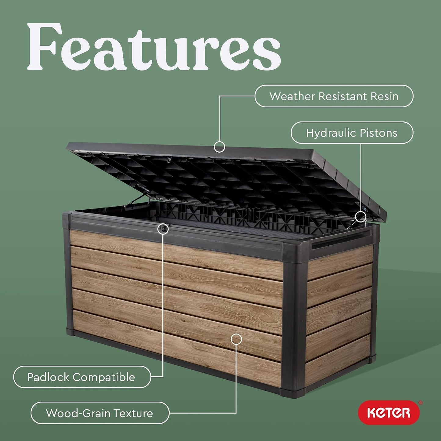 Keter Signature Everwood 30 Gallon Resin Outdoor Storage Box and Patio Furniture Side Table for Pool and Garden Accessories, Walnut