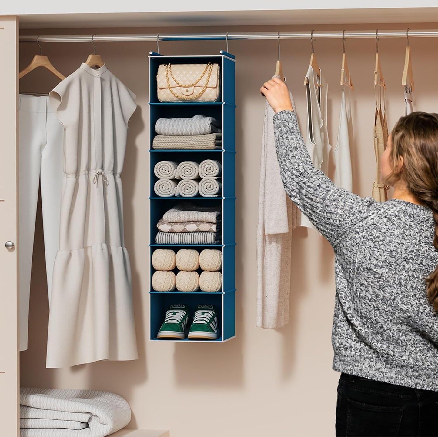 MAX Houser 6 Tier Shelf Hanging Closet Organizer, Closet Hanging Shelf with 2 Sturdy Hooks for Storage, Foldable (Grey)
