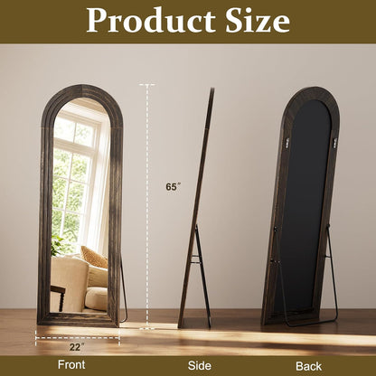 XRAMFY Full Length Mirror 65" x 22", Arched Large Floor Mirror with Solid Wood Frame, Freestanding & Wall Mounted, Antique Brown Finish for Bedroom Living Room