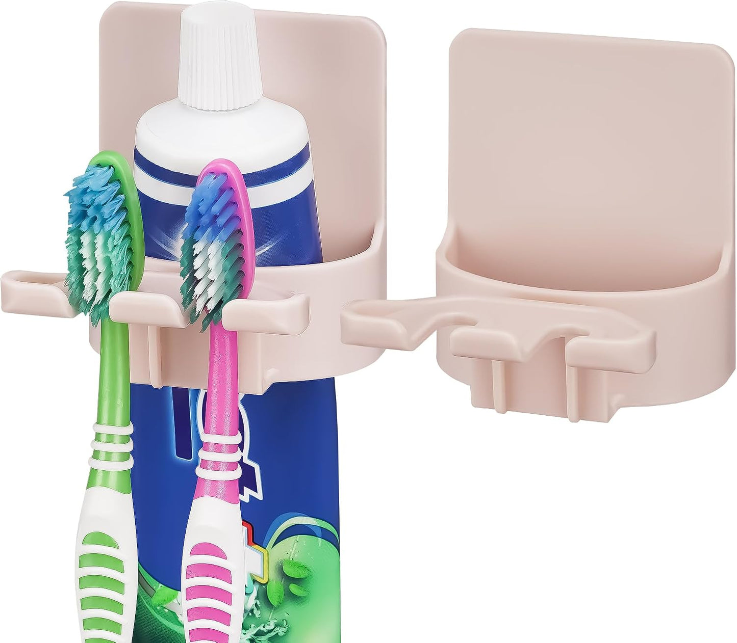 2 PCS Self-Adhesive Toothbrush Holders Wall Mounted, Water Proof Toothbrush Hook, 3 in 1 with Toothbrush Hanger Toothpaste Holder and Gargle Cup Holder for Bathroom Shower (White)