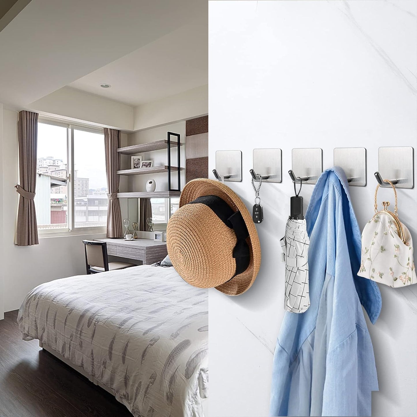 NearMoon Adhesive Hooks- Heavy Duty Bath Wall Hooks Waterproof Stainless Steel Towel Hangers Stick on Wall Clothes Holders for Bathroom Kitchen Home, 5 Pack (Brushed Nickel)