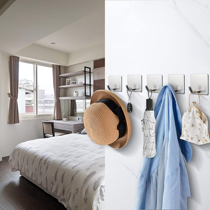 NearMoon Adhesive Hooks- Heavy Duty Bath Wall Hooks Waterproof Stainless Steel Towel Hangers Stick on Wall Clothes Holders for Bathroom Kitchen Home, 5 Pack (Brushed Nickel)