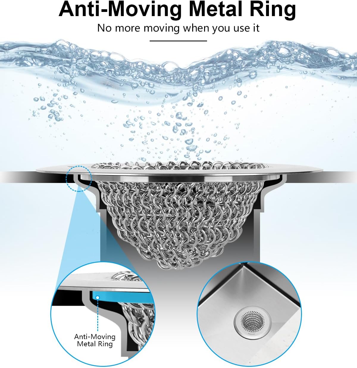 WOKDADA Upgraded Sink Drain Strainer, Patented Reversible Chain Mail Mesh | Anti-Slip Ring, Fast Drainage, Reversible Flip Clean, Rust-Proof, Universal 4.4-Inch, Large Capacity, Garbage Disposal Fit