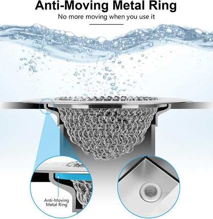 WOKDADA Upgraded Sink Drain Strainer, Patented Reversible Chain Mail Mesh | Anti-Slip Ring, Fast Drainage, Reversible Flip Clean, Rust-Proof, Universal 4.4-Inch, Large Capacity, Garbage Disposal Fit