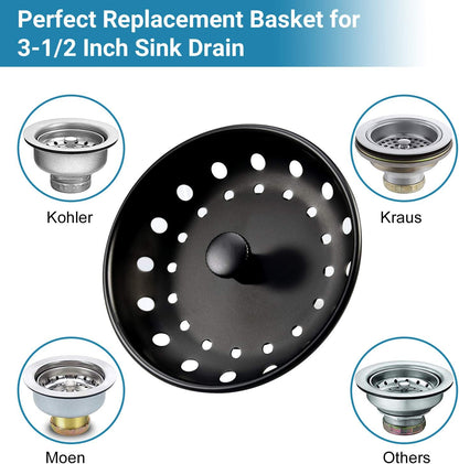 KONE 2PCS Kitchen Sink Basket Strainer Replacement for 3-1/2 Inch Standard Drains Brushed Stainless Steel Body Metal Center Knob with Rubber Stopper