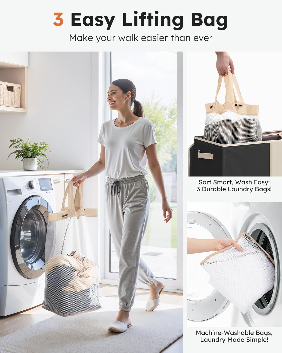 SOLEDI 180L Laundry Hamper 3 Section, Extra Large Laundry Hamper with Lid, Dirty Clothes Hamper with Sturdy Handle, Large Laundry Basket Organizer for Laundry Room, Bedroom, Hampers for Laundry