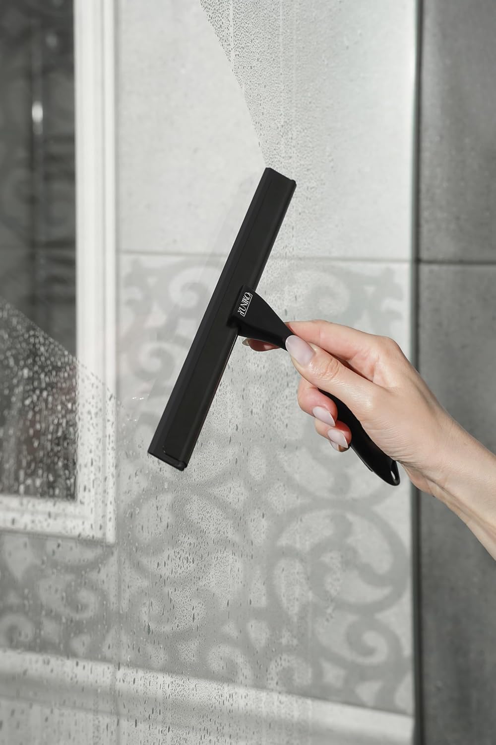 YUNIKO Shower Squeegee – Black Stainless Steel Shower squeegee with Silicone Blade for Shower Doors, Windows, Mirrors, Tiles & Car Windows – Includes 2 Adhesive Hooks, Assembly Tool & Microfiber Cloth