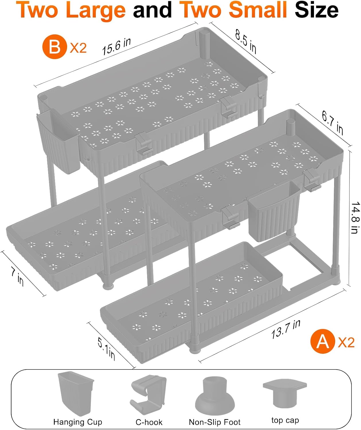 Sevenblue 4-Pack 2-Tier Under Sink Organizer with Pull Out Drawers | Multi-use kitchen & bathroom storage. Includes hanging hooks and cups. Black, space-saving cabinet design.