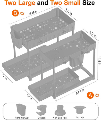 Sevenblue 4-Pack 2-Tier Under Sink Organizer with Pull Out Drawers | Multi-use kitchen & bathroom storage. Includes hanging hooks and cups. Black, space-saving cabinet design.