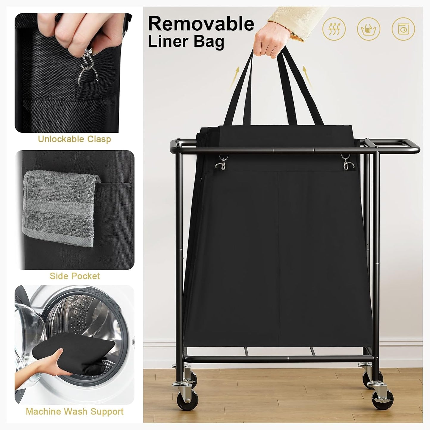 Double Laundry Hamper with Wheels,200L Rolling Laundry Basket 2 Section with Lid,Steel Frame Laundry Cart with Handle and Removable Bags,Dirty Clothes Hamper for Laundry Room,Dorm,Black