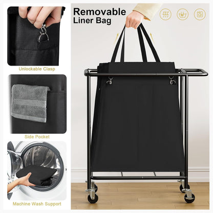 Double Laundry Hamper with Wheels,200L Rolling Laundry Basket 2 Section with Lid,Steel Frame Laundry Cart with Handle and Removable Bags,Dirty Clothes Hamper for Laundry Room,Dorm,Black