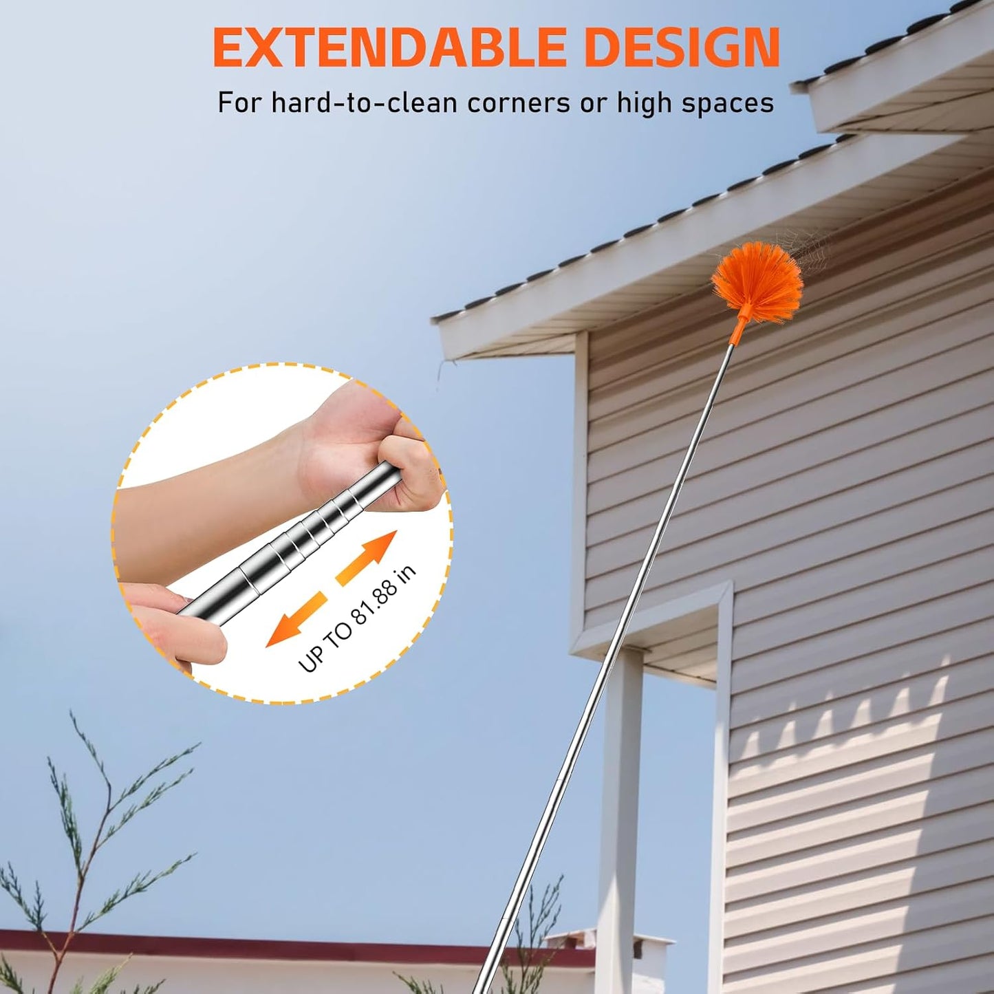 SetSail Cobweb Duster with Extension Pole, Retractable Dusters for Cobweb Cleaning 90-inch Long Handle Ceiling Fan Spider Web Brush for Outdoor Indoor High Ceilings