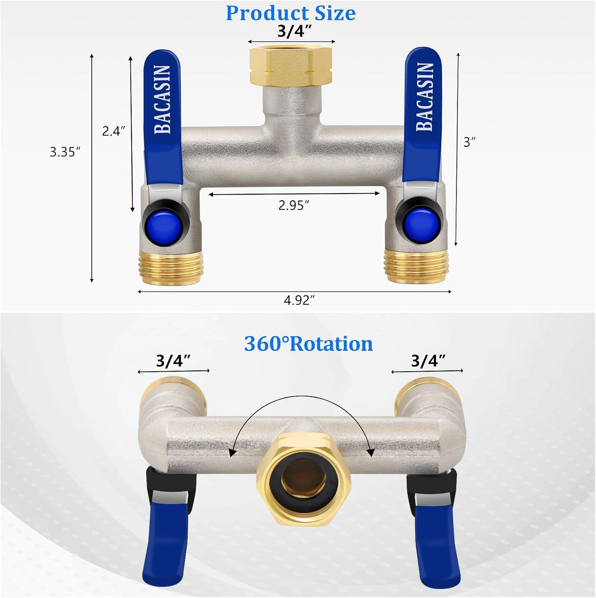 Brass Garden Hose Splitter 2-Way Heavy Duty - 3/4" GHT Threads with 2×304 Stainless Steel Handles, High Flow Design for Efficient Water Distribution