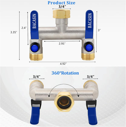 Brass Garden Hose Splitter 2-Way Heavy Duty - 3/4" GHT Threads with 2×304 Stainless Steel Handles, High Flow Design for Efficient Water Distribution