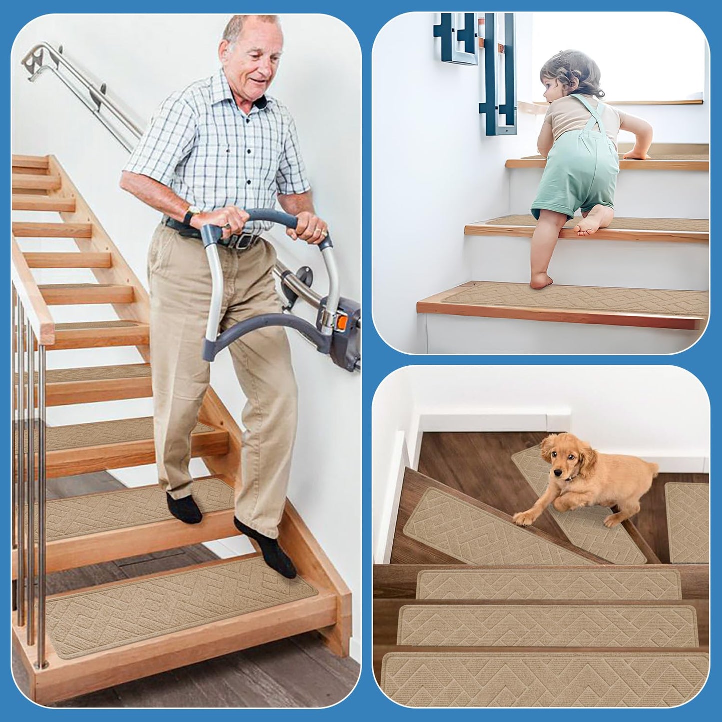 Non Slip Stair Treads for Wooden Steps,15 Pack 8" X 30" Stairs Carpet Treads Indoor with Reusable Peel and Stick Adhesive for Kids Elders and Pets