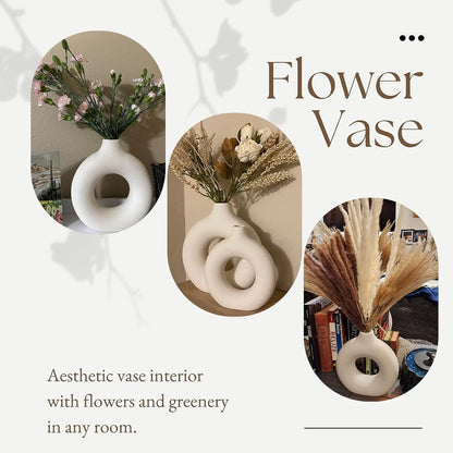 White Ceramic Donut Vase Set of 2, Hollow Matte Pampas Flower Vases for Boho Home Wedding Party Room Dinner Table Shelf Decor.（White）