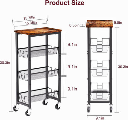 Honest Slim Storage Cart 4-Tier Slim Rolling Cart with Metal Frame and Wooden Top, 6.3 Inches, Storage Cart for Kitchen, Dining Room, Living Room, Bathroom, Home Office, Rustic Brown and Black