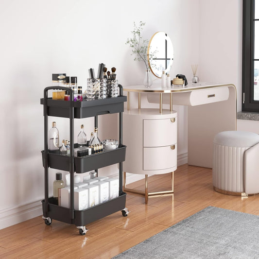 Calmootey 3-Tier Rolling Utility Cart with Drawer,Multifunctional Storage Organizer with Plastic Shelf & Metal Wheels,Storage Cart for Kitchen,Bathroom,Living Room,Office,White