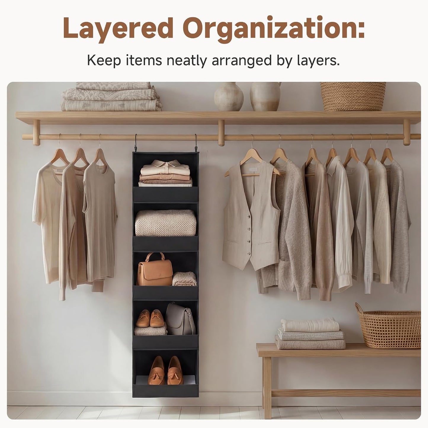 StorageWorks Basics Hanging Closet Organizer, 4-Shelf Wide Trapezoid Closet Shelves with Reinforced Anti-Sagging Support for Sweaters, Hoodies and Handbags, Foldable Storage Organizer, Beige