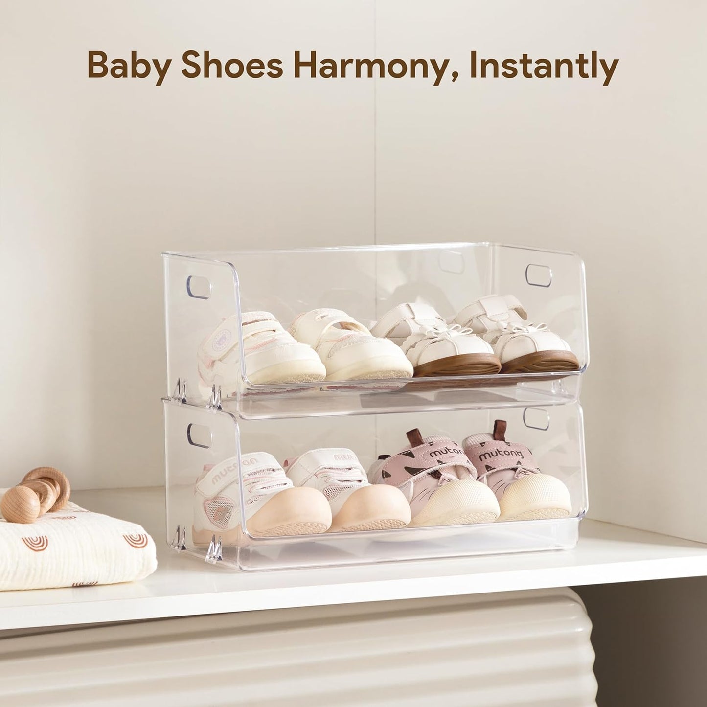 HBlife Clear Acrylic Kids Shoe Rack Baby Toddler Shoe Storage Organizer for Closet Floor Entryway Bedroom, 4 Tier Stackable Small Shoe Rack Shelf Display Stand
