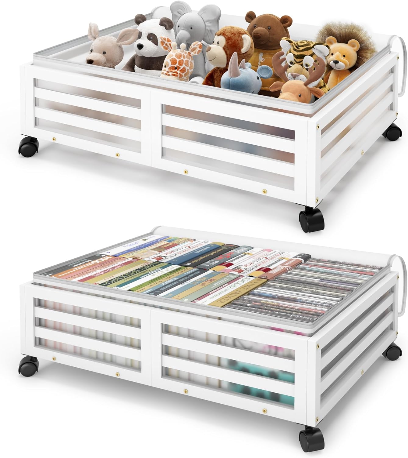 Under Bed Storage Containers With Wheels - 2 Pcs Bamboo Wood Rolling Underbed Shoe Storage Bins With Dust Bags for Clothes Blankets, Duvet Covers Snacks Toys (Natural)