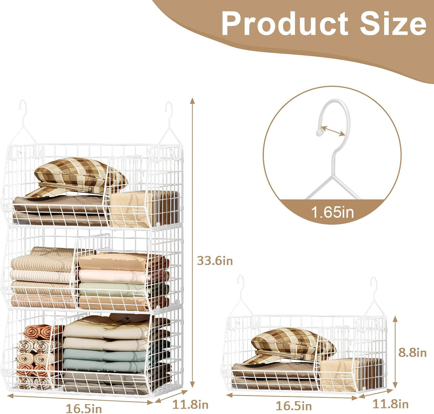 Jautokerdar 4 Tier Hanging Closet Organizer with Dividers,Extra Large Storage Hanging Shelf with 5 S Hooks 4 Dividers,Hang on Wire Closet Shelving Clothes Organizer-Black