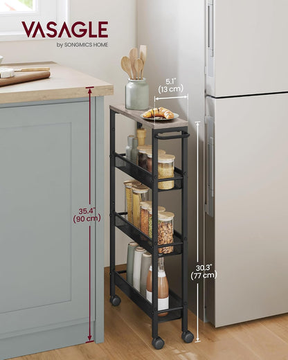 VASAGLE Slim Rolling Cart, 4-Tier Narrow Storage Cart with Handle, 5.1 Inches Deep, Metal Frame, for Kitchen, Dining Room, Living Room, Home Office, Rustic Brown and Classic Black ULRC032B01V1