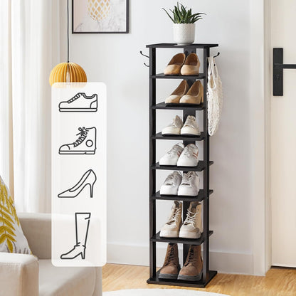 HOOBRO 8 Tiers Vertical Shoe Rack, Wooden Shoe Storage Organizer with Hooks, Narrow Shoe Tower for 8 Pairs, Space Saving, for Entryway, Living Room, Bedroom, Rustic Brown BF07XJ01G1