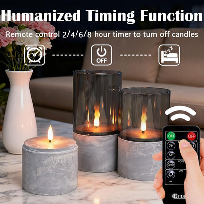 LEDHOLYT Rechargeable Flameless Glass Pillar Candles–Gifts for Women,–Set of 3, Realistic Flickering LED Light,Remote & Timer, Ideal for Living Room, Bedroom & Festival Wedding Home Party Decor