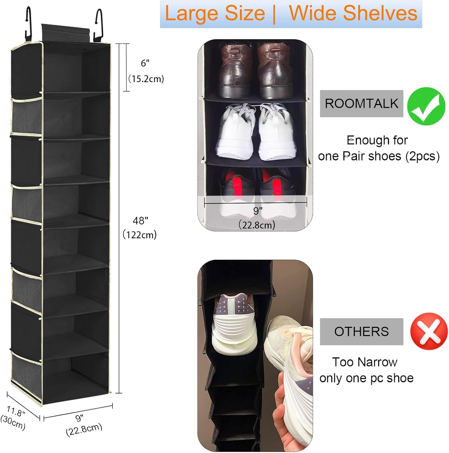Large-Sized Hanging Shoe Organizer 8-Shelf, Hanging Closet Organizer with 8 Side Pockets, Wider Hanging Shelves for Storage Shoes Clothes 9" W × 11.8" D× 48" H, Grey