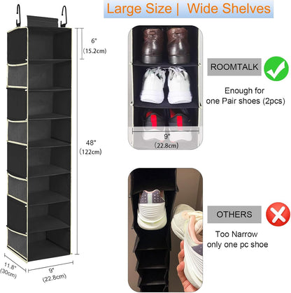 Large-Sized Hanging Shoe Organizer 8-Shelf, Hanging Closet Organizer with 8 Side Pockets, Wider Hanging Shelves for Storage Shoes Clothes 9" W × 11.8" D× 48" H, Grey