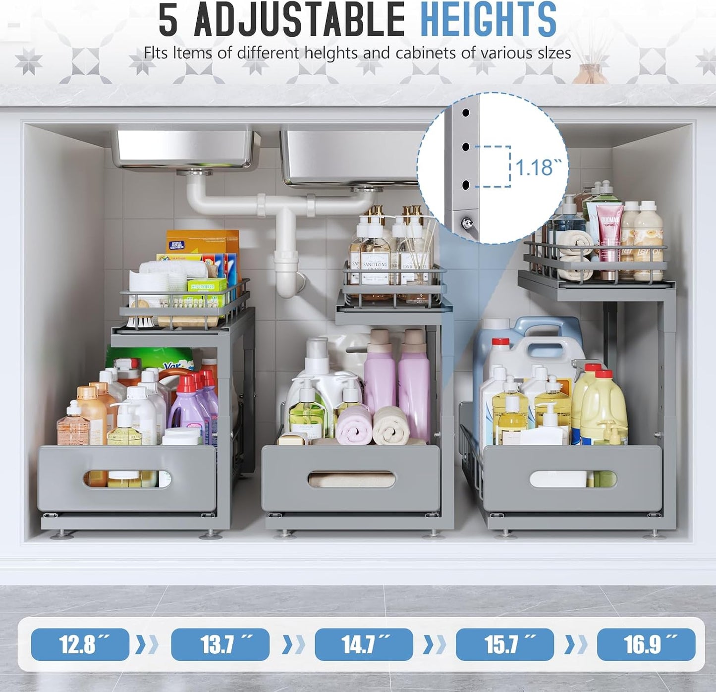 Under Sink Organizer Upgrade To Professional Rails,2-Tier Dual Pull Out Cabinet Storage,Height Adjustable Slide Out Drawers For Bathroom Kitchen,2 Pack-14.5" Dx12.8-16.9" H,White