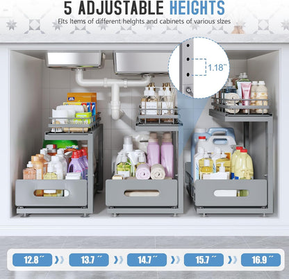 Under Sink Organizer Upgrade To Professional Rails,2-Tier Dual Pull Out Cabinet Storage,Height Adjustable Slide Out Drawers For Bathroom Kitchen,2 Pack-14.5" Dx12.8-16.9" H,White