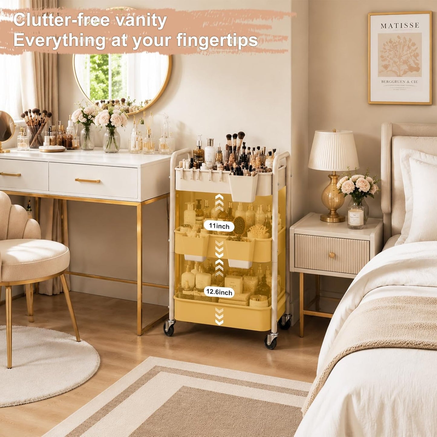 2 Tier Small Rolling Cart Metal with Wheels, White Under Desk Storage Cart on Wheels, Short Utility Roller Caddy Carts Organizer for Art,Craft,Pantry,Bathroom, Two Tiered Shelf Trolley,22 Inches Tall